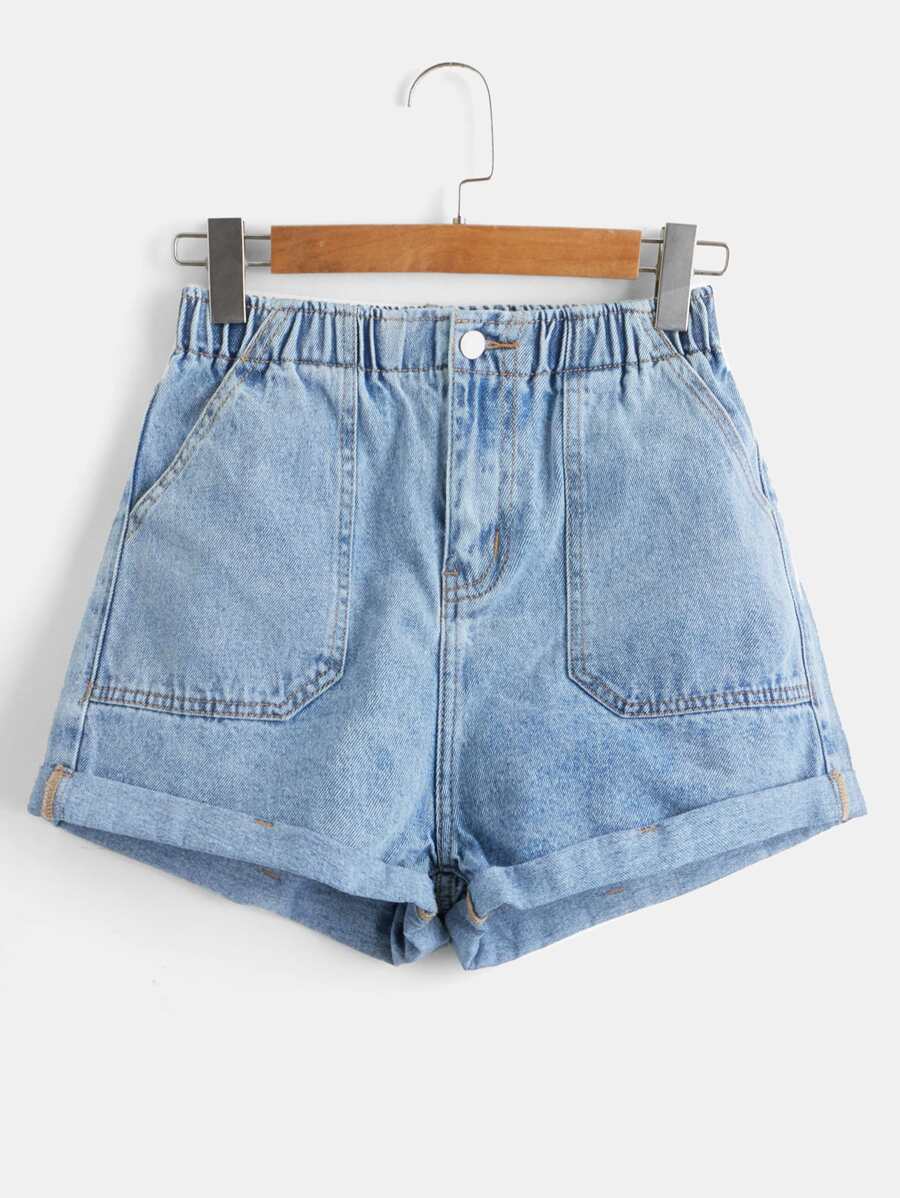 Roll Up Hem Denim Shorts - Light Wash - View 1
