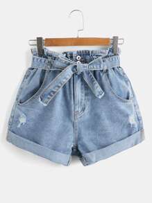 SHEIN Essnce Denim Shorts mit Papiertasche-Taille, Gürtel, Riss - Helle Waschung - Übersicht 1