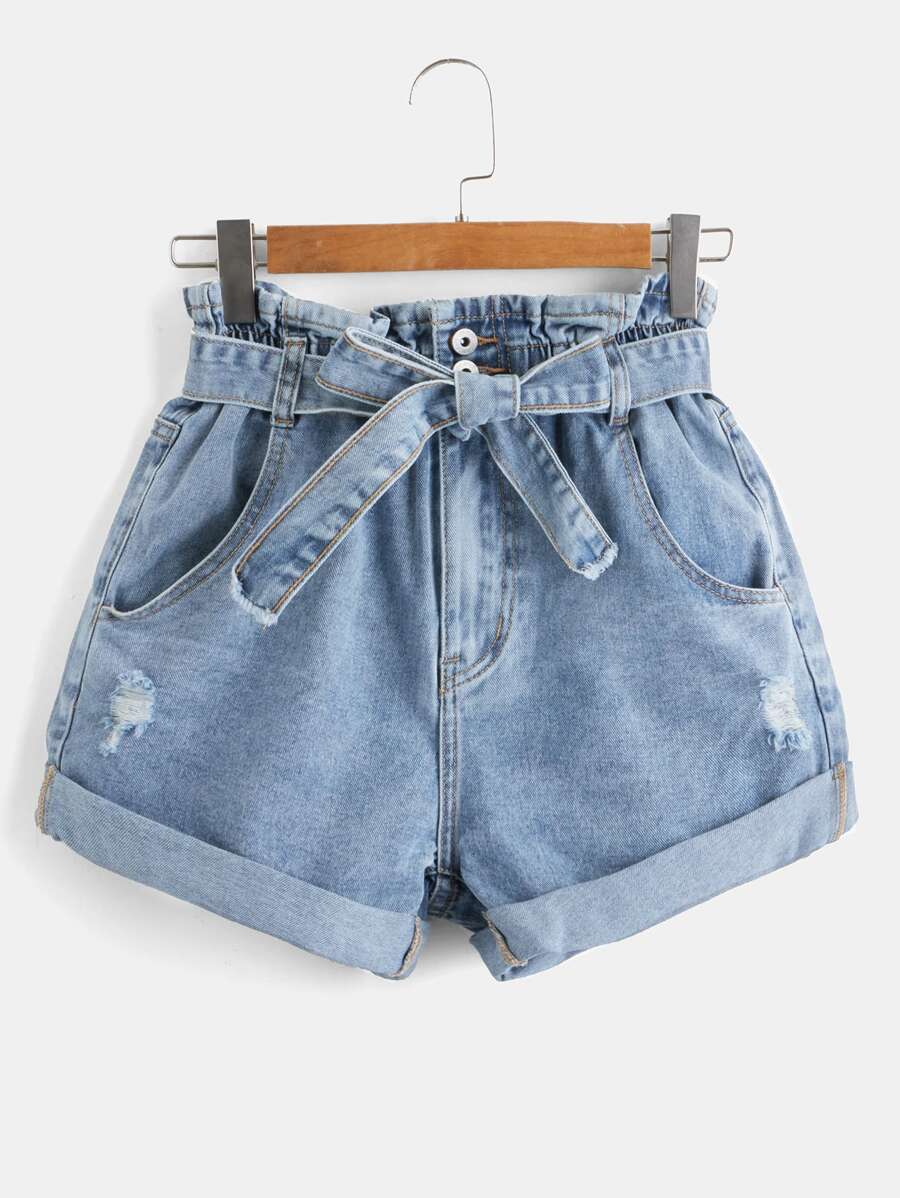 SHEIN Essnce Denim Shorts mit Papiertasche-Taille, Gürtel, Riss - Helle Waschung - Übersicht 1