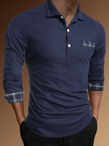 Manfinity Homme Men Plaid Panel Polo Shirt - Navy Blue - View 1