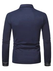 Manfinity Homme Men Plaid Panel Polo Shirt - Navy Blue - View 2