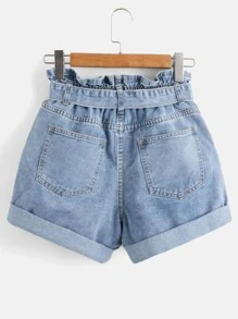 SHEIN Essnce Denim Shorts mit Papiertasche-Taille, Gürtel, Riss - Helle Waschung - Übersicht 2