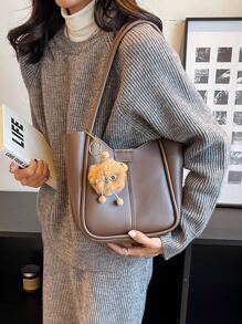 Bolso de hombro con doble asa con diseño de accesorio de bolso con bolsillo interior - Café integral - Ver 6