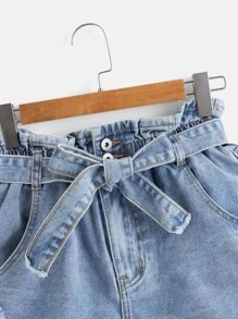 SHEIN Essnce Denim Shorts mit Papiertasche-Taille, Gürtel, Riss - Helle Waschung - Übersicht 3