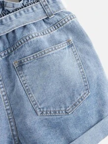 SHEIN Essnce Denim Shorts mit Papiertasche-Taille, Gürtel, Riss - Helle Waschung - Übersicht 4