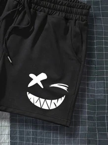 Manfinity Homme Quần short cạp rút họa tiết hoạt hình cho nam, quần short thường ngày đi chơi, quần short có dây rút, dành cho chồng, quà tặng bạn trai, quần short hoạt hình cho nam - màu đen - Xem 4