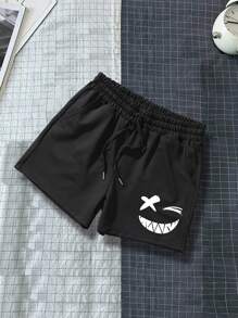 Manfinity Homme Quần short cạp rút họa tiết hoạt hình cho nam, quần short thường ngày đi chơi, quần short có dây rút, dành cho chồng, quà tặng bạn trai, quần short hoạt hình cho nam - màu đen - Xem 6