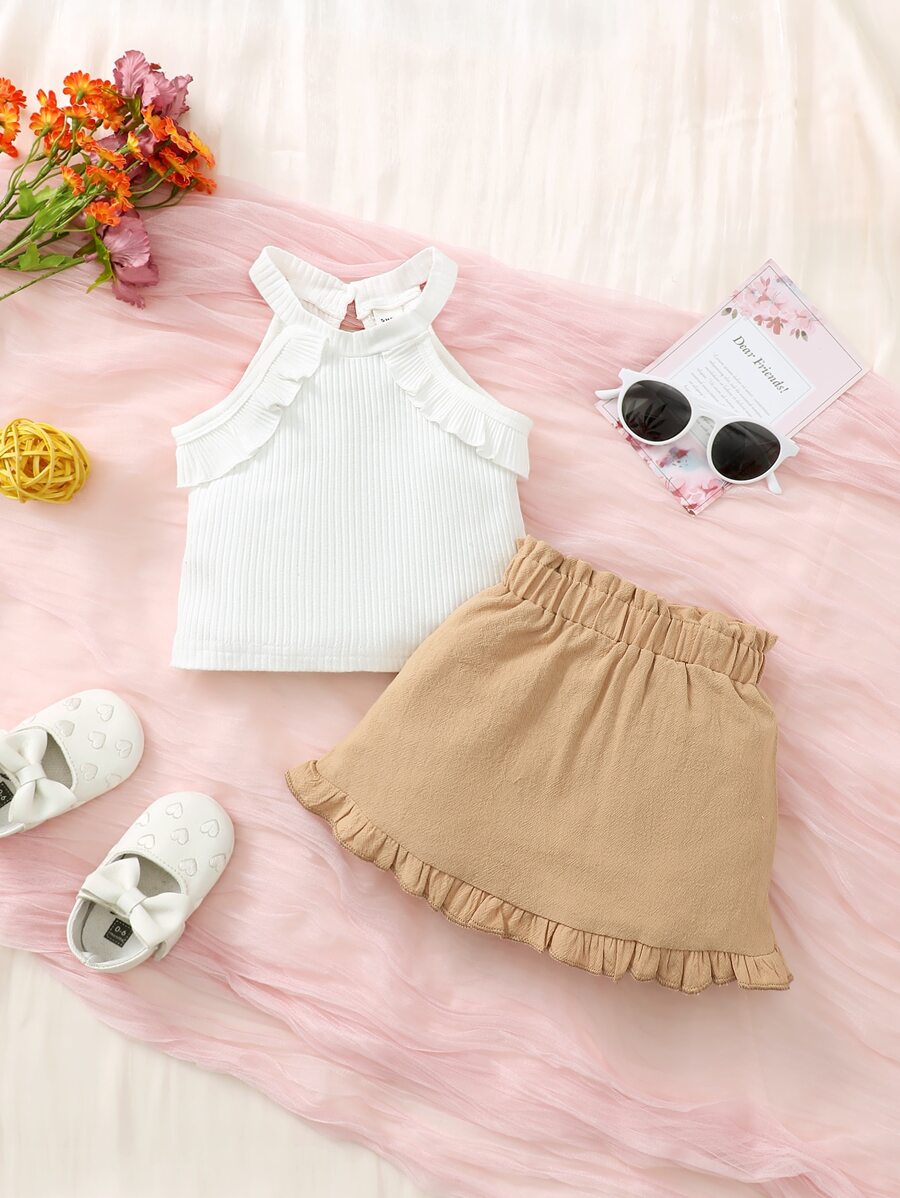 Baby Ruffle Trim Halter Top & Paper Bag Waist Shorts - Multicolor - View 1