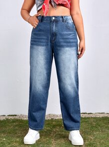 Plus Zipper Fly Straight Leg Jeans - Medium Wash - View 1