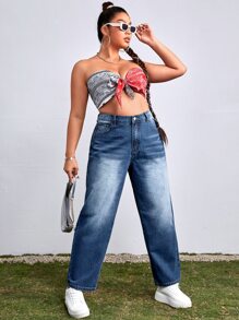 Plus Zipper Fly Straight Leg Jeans - Medium Wash - View 3