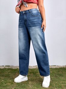 Plus Zipper Fly Straight Leg Jeans - Medium Wash - View 5