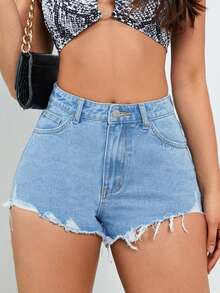 Ripped Raw Hem Denim Shorts - Light Wash - View 3