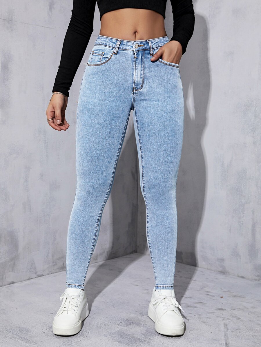 Slant Pocket Skinny Jeans - Light Wash - View 1