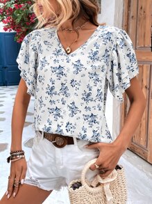 SHEIN VCAY Allover Floral Print Butterfly Sleeve Blouse - White - View 1