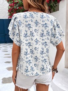 SHEIN VCAY Allover Floral Print Butterfly Sleeve Blouse - White - View 2