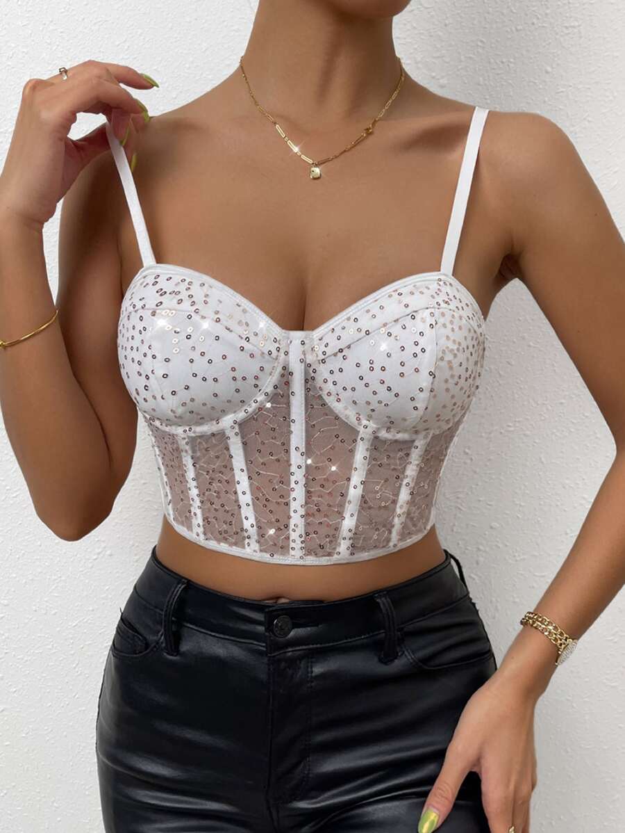 SHEIN Allurite Sequin Mesh Bustier Crop Cami Top - White - View 1
