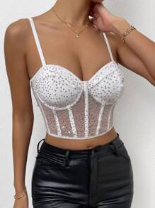 SHEIN Allurite Sequin Mesh Bustier Crop Cami Top - White - View 3