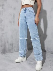 Raw Trim Straight Leg Jeans - Light Wash - View 1