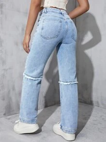 Raw Trim Straight Leg Jeans - Light Wash - View 2
