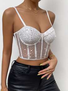 SHEIN Allurite Sequin Mesh Bustier Crop Cami Top - White - View 5