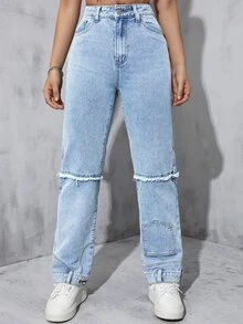 Raw Trim Straight Leg Jeans - Light Wash - View 5