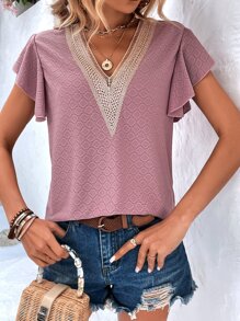 SHEIN LUNE Contrast Lace Butterfly Sleeve Tee - Dusty Pink - View 4