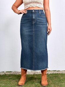 SHEIN ICON Plus High Waist Raw Trim Denim Skirt