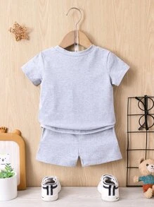 SHEIN Baby Boy Letter Patched Detail Tee & Shorts - Grey - View 2