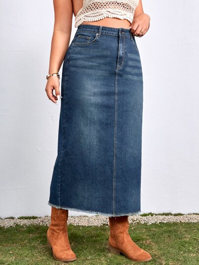 SHEIN ICON 大碼高腰毛邊緣牛仔半身裙