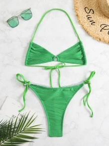 Ring Linked Tie Side Summer Beach Bikini Set - Green - View 4