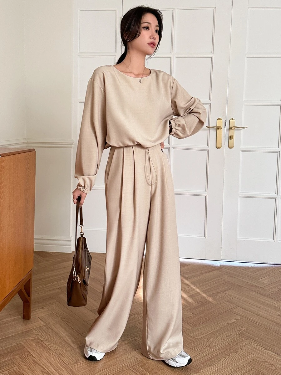 DAZY 抽繩蝙蝠袖T恤和闊腿褲 - 卡其色 - 查看 1