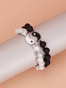 2pcs Yin & Yang Decor Beaded Bracelet - Black and White - View 1