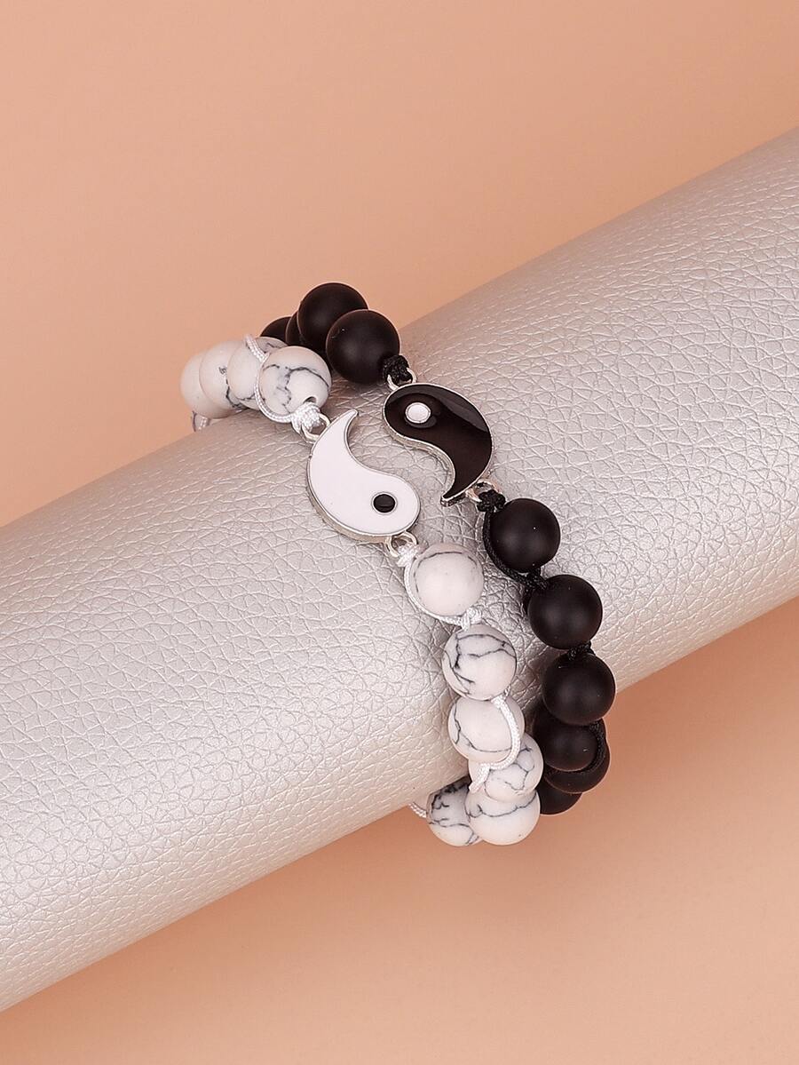 2pcs Yin & Yang Decor Beaded Bracelet - Black and White - View 1