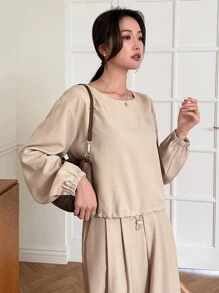 DAZY 抽繩蝙蝠袖T恤和闊腿褲 - 卡其色 - 查看 5