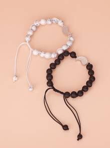 2pcs Yin & Yang Decor Beaded Bracelet - Black and White - View 2