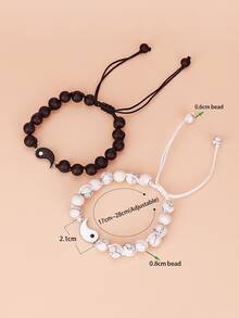2pcs Yin & Yang Decor Beaded Bracelet - Black and White - View 3