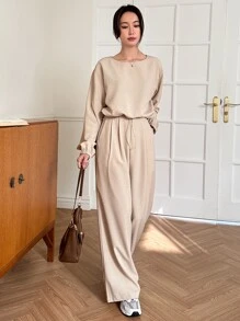 DAZY 抽繩蝙蝠袖T恤和闊腿褲 - 卡其色 - 查看 6