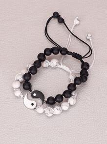 2pcs Yin & Yang Decor Beaded Bracelet - Black and White - View 4