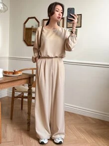DAZY 抽繩蝙蝠袖T恤和闊腿褲 - 卡其色 - 查看 7
