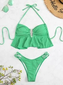 Plain Ruffle Hem Halter Bikini Set Summer Beach - Green - View 6