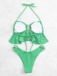 Plain Ruffle Hem Halter Bikini Set Summer Beach - Green - View 4