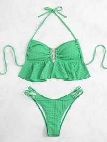 Plain Ruffle Hem Halter Bikini Set Summer Beach - Green - View 5