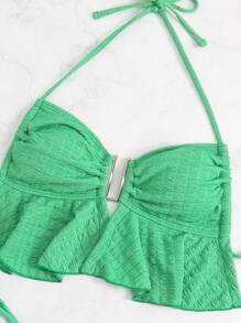 Plain Ruffle Hem Halter Bikini Set Summer Beach - Green - View 7