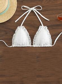 Top bikini triángulo ribete en forma de lechuga halter - Blanco - Ver 2