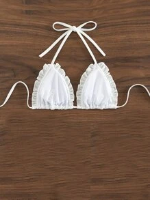 Top bikini triángulo ribete en forma de lechuga halter - Blanco - Ver 5