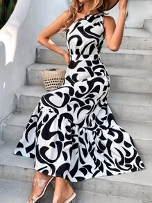 SHEIN Holidaya Allover Print One Shoulder Dress - Black and White - View 1