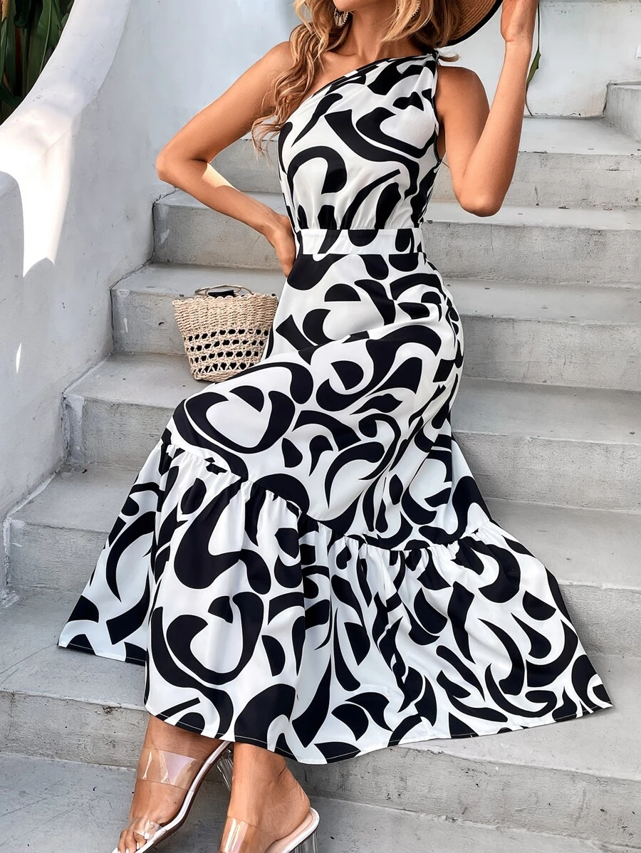 SHEIN Holidaya Allover Print One Shoulder Dress - Black and White - View 1