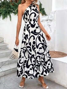 SHEIN Holidaya Allover Print One Shoulder Dress - Black and White - View 3