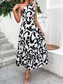 SHEIN Holidaya Allover Print One Shoulder Dress - Black and White - View 4