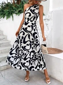 SHEIN Holidaya Allover Print One Shoulder Dress - Black and White - View 6